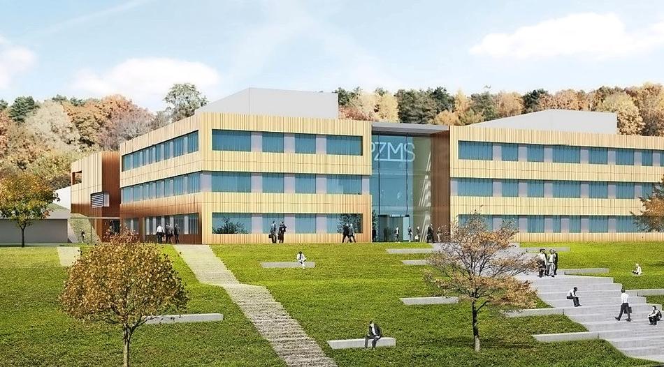 Computerentwurf eines dreistöckigen Gebäudes auf einem Hügel