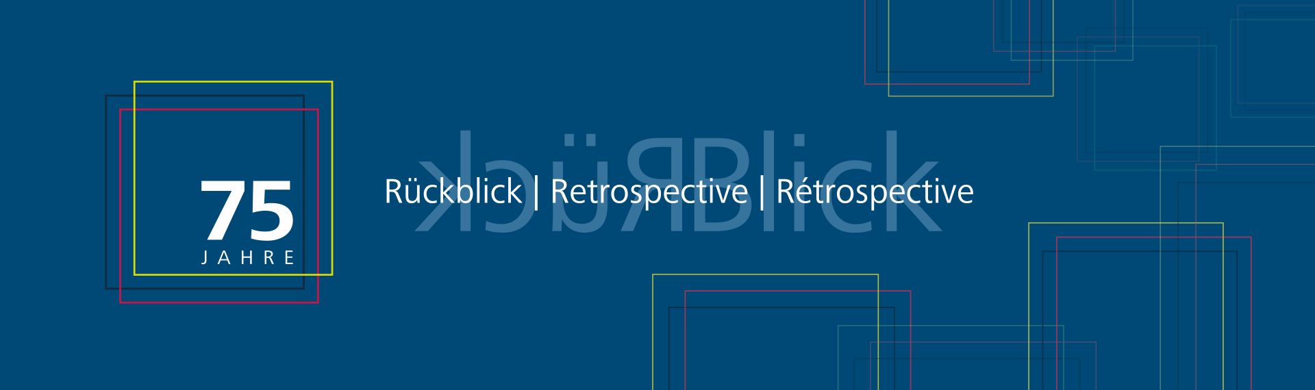 Banner mit der Aufschrift: 75 Jahre Rückblick | Retrospective | Rétrospective