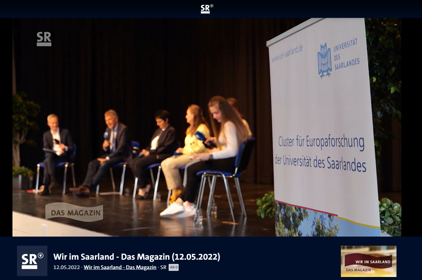 Podiumsdiskussion mit Dr. Johannes Abele, Prof. Dr. Manfred Schmitt, Prof. Dr. Astrid Fellner, Dr. Yuliya Stodolinska, Olha Slobodian und Kateryna Pliss (von links nach rechts) in der Sendung "Wir im Saarland".