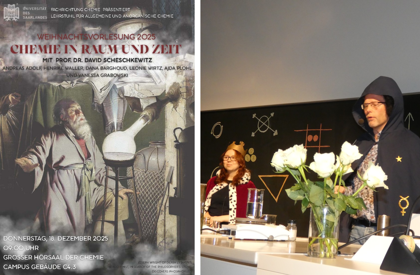 Bild zeigt Werbeplakat und Ausschnitt aus der Weihnachtsvorlesung der Chemie 2025