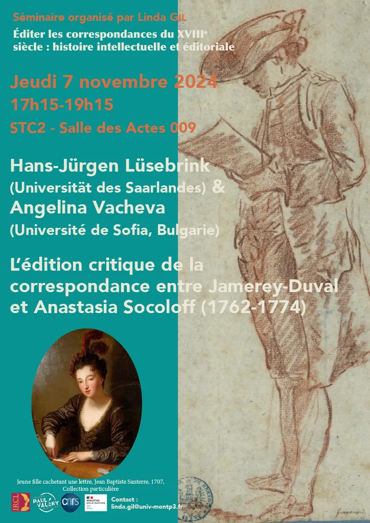 Plakat zum Seminar Éditer les correspondances du 18e siècle : histoire intellectuelle et éditoriale von Prof. Lüsebrink und Prof. Vacheva am 07.11.2024