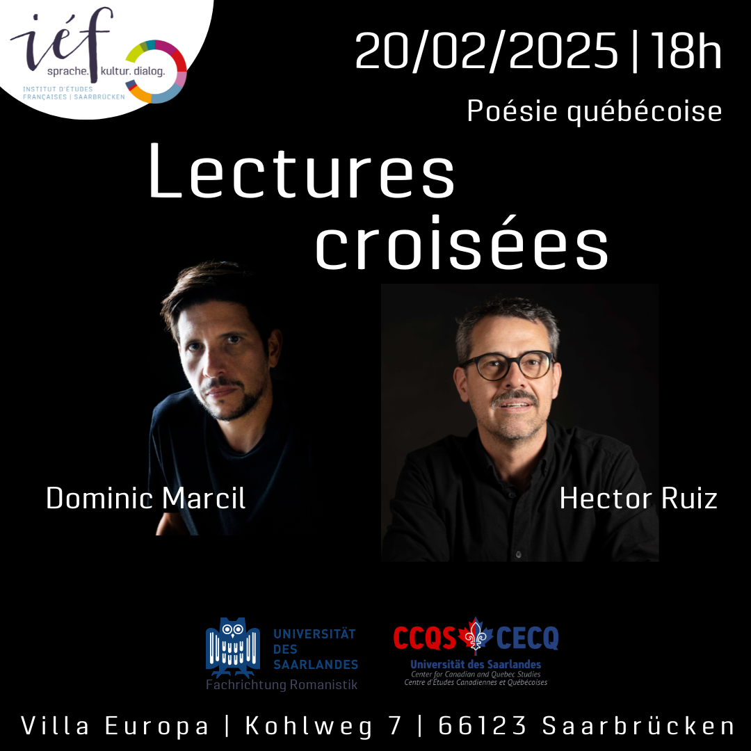 Plakat zur Veranstaltung "Lectures croisées" am 20. Februar 2025 in der Villa Europa mit den Porträts von Dominic Marcil und Hector Ruiz