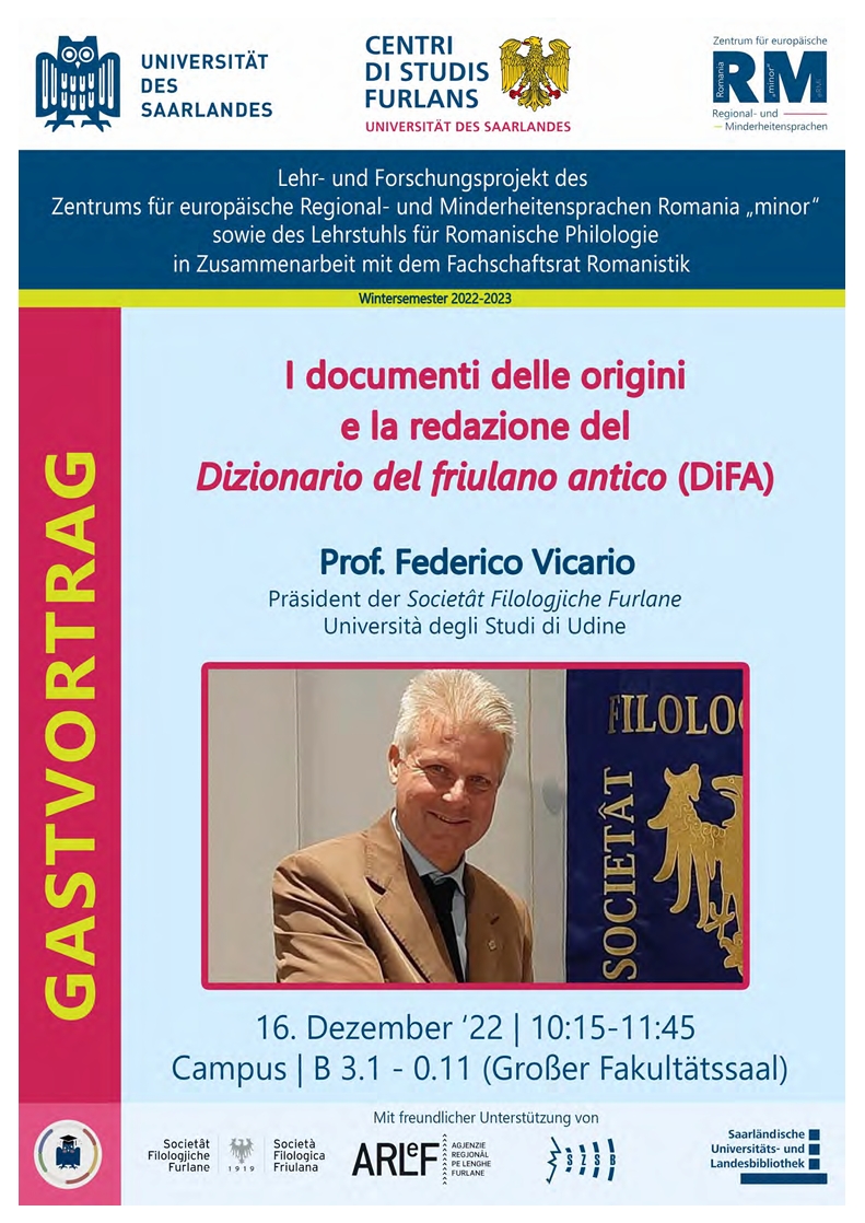 Plakat zum Vortrag I documenti delle origini e la redazione del Dizionario del friulano antico (DiFa)