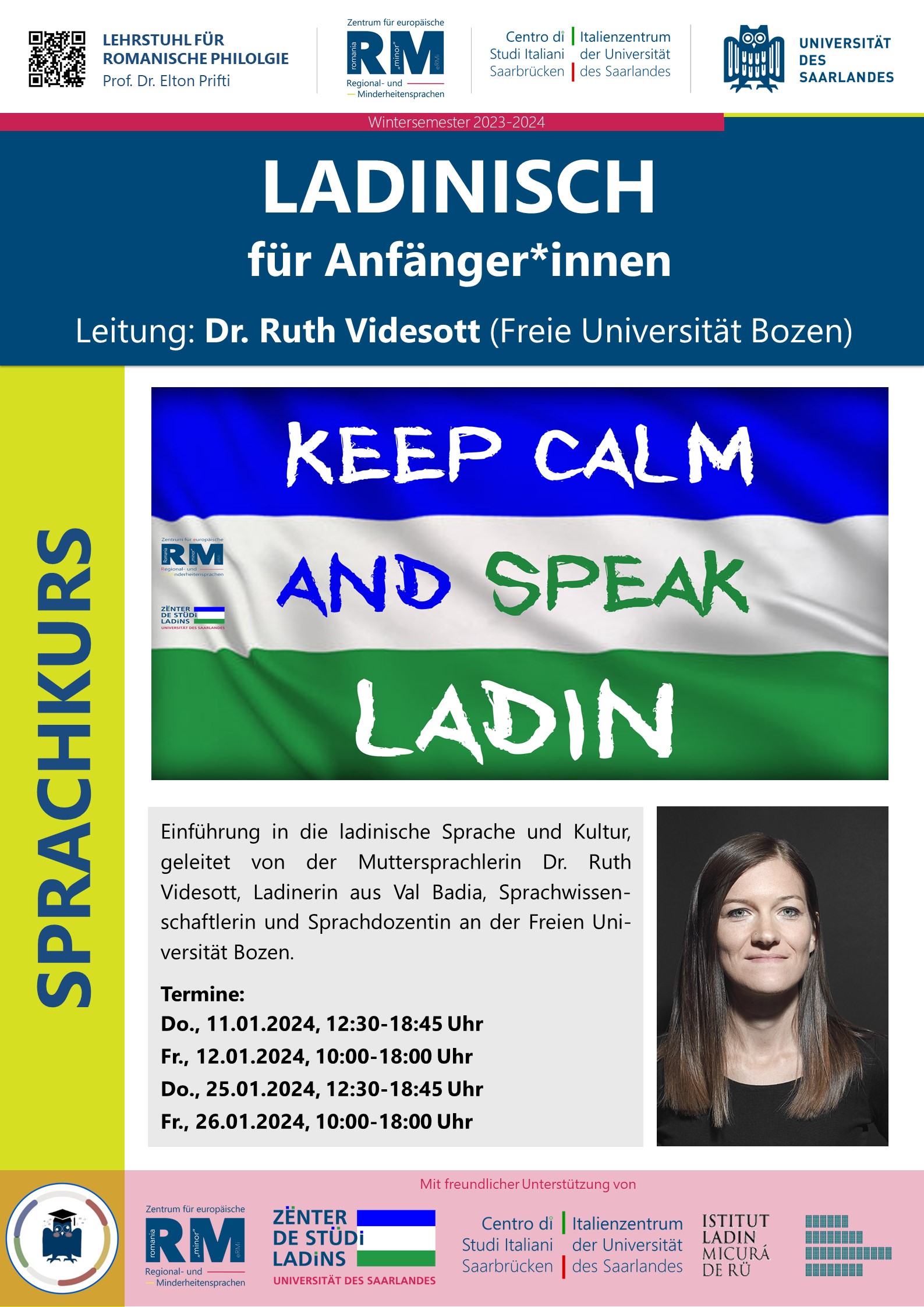 Plakat zum Sprachkurs Ladinisch, prominent zu sehen ist eine ladinische Fahne mit Aufschrift "keep calm and speak ladin"