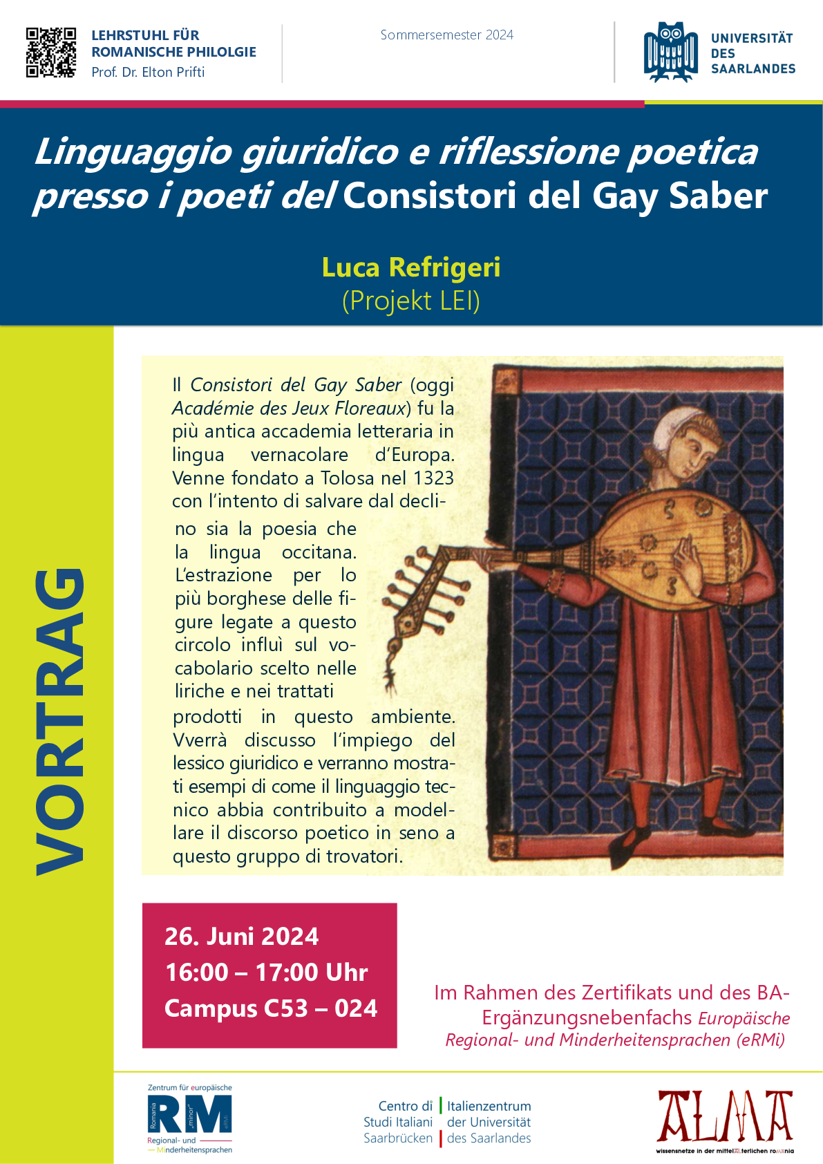 Plakat zum Vortrag Linguaggio giuridico e riflessione poetica presso i poeti del Consistori del Gay Saber