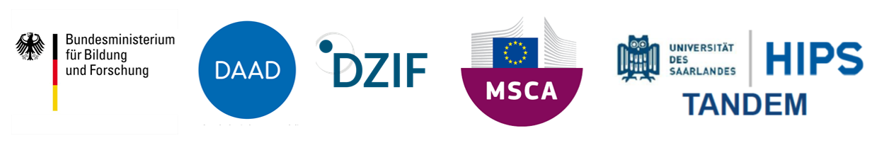 Logos der Förderer dieses Forschungsschwerpunkts: Bundesministerium für Bildung und Forschung (BMBF), Deutsche Forschungsgemeinschaft (DFG), Deutsches Zentrum für Infektionsforschung (DZIF), Klinik-Partnerschaften, Marie Skłodowska-Curie Actions (MSCA)