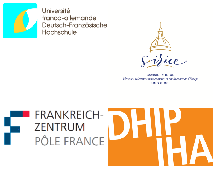 Die Logos der Förderer des Kollegs; die Deutsch-Französische Hochschule, die Sorbonne Sirice, das Frankreichzentrum und das Deutsche Historische Institut Paris